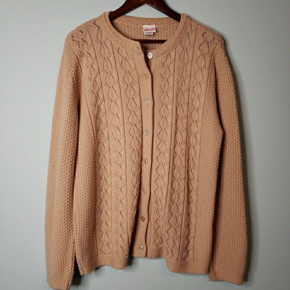 Vtg Haband Womens Sweater Cardigan Button Up Tan Cable Knit Sz Large Grannycore - Picture 13 of 14